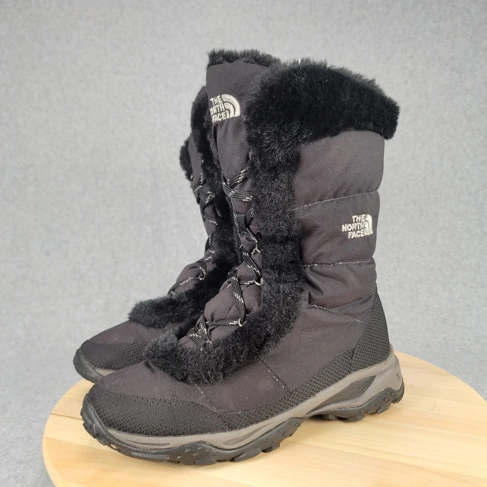 The North Face Nuptse Fur Snow Boots Women 7.5 Black Down Insulated IcePick